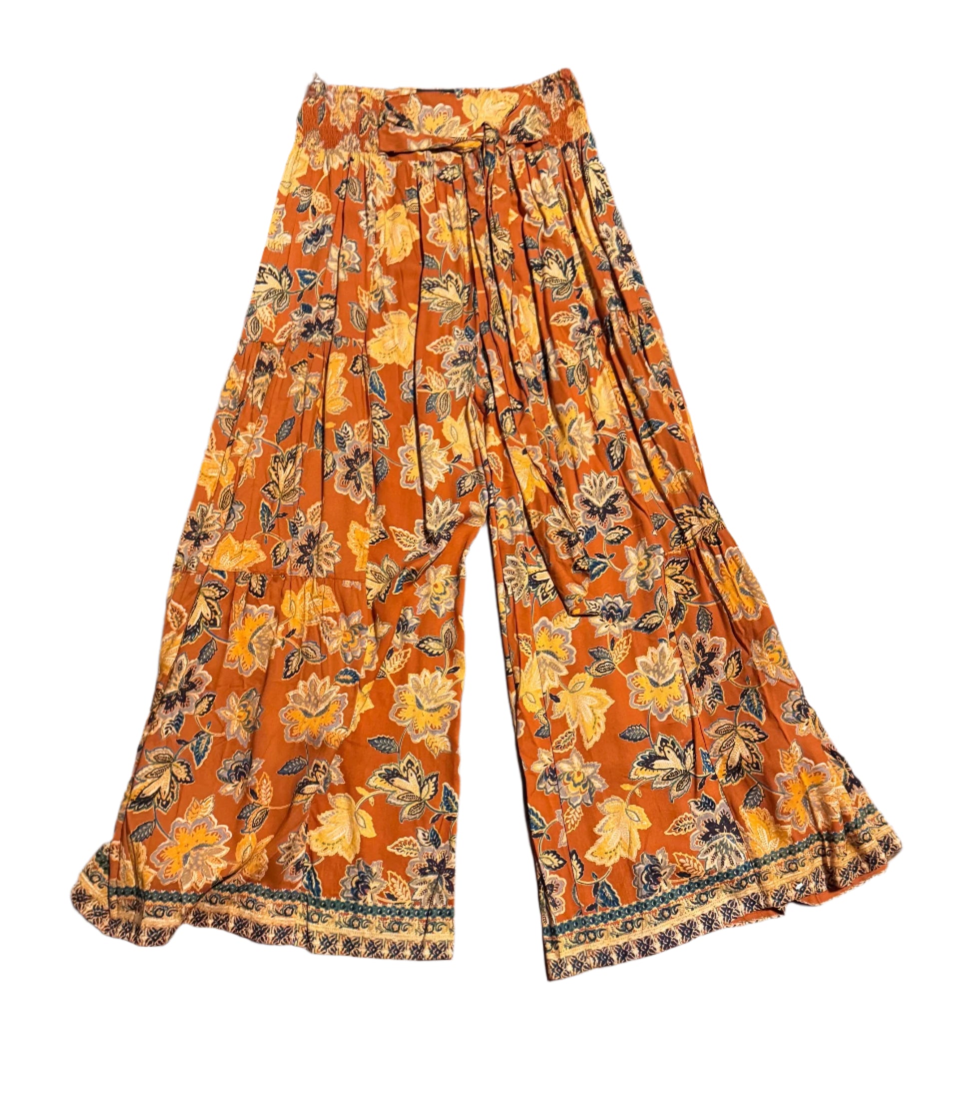 Comfort Tie Elastic Waist Tiered Wide Leg Pant – Brown Print Boho Flowy Fit Kaia
