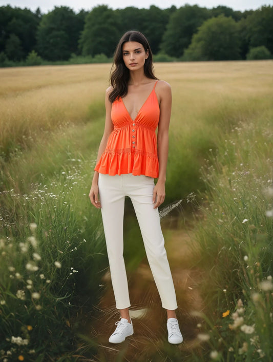 Orange Sherbet Cropped Button Tiered Tank Top with Adjustable Spaghetti Straps