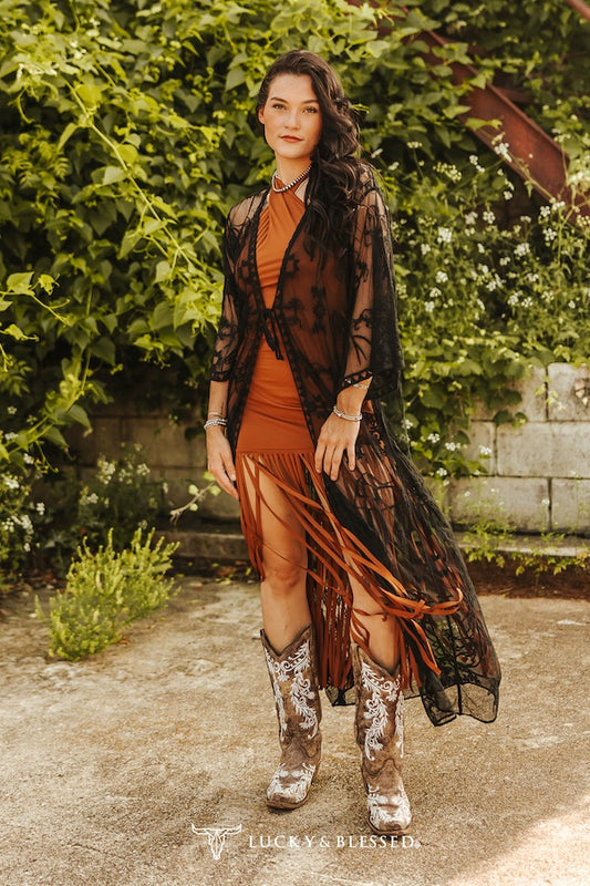 Sheer black lace duster with floral embroidery - western boho kimono style - full length mesh overlay - black front