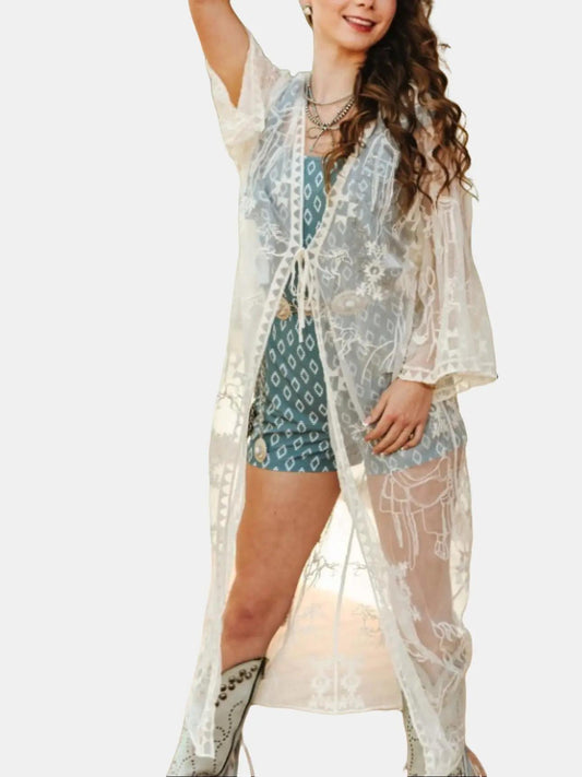 Sheer black lace duster with floral embroidery - western boho kimono style - full length mesh overlay ivory front