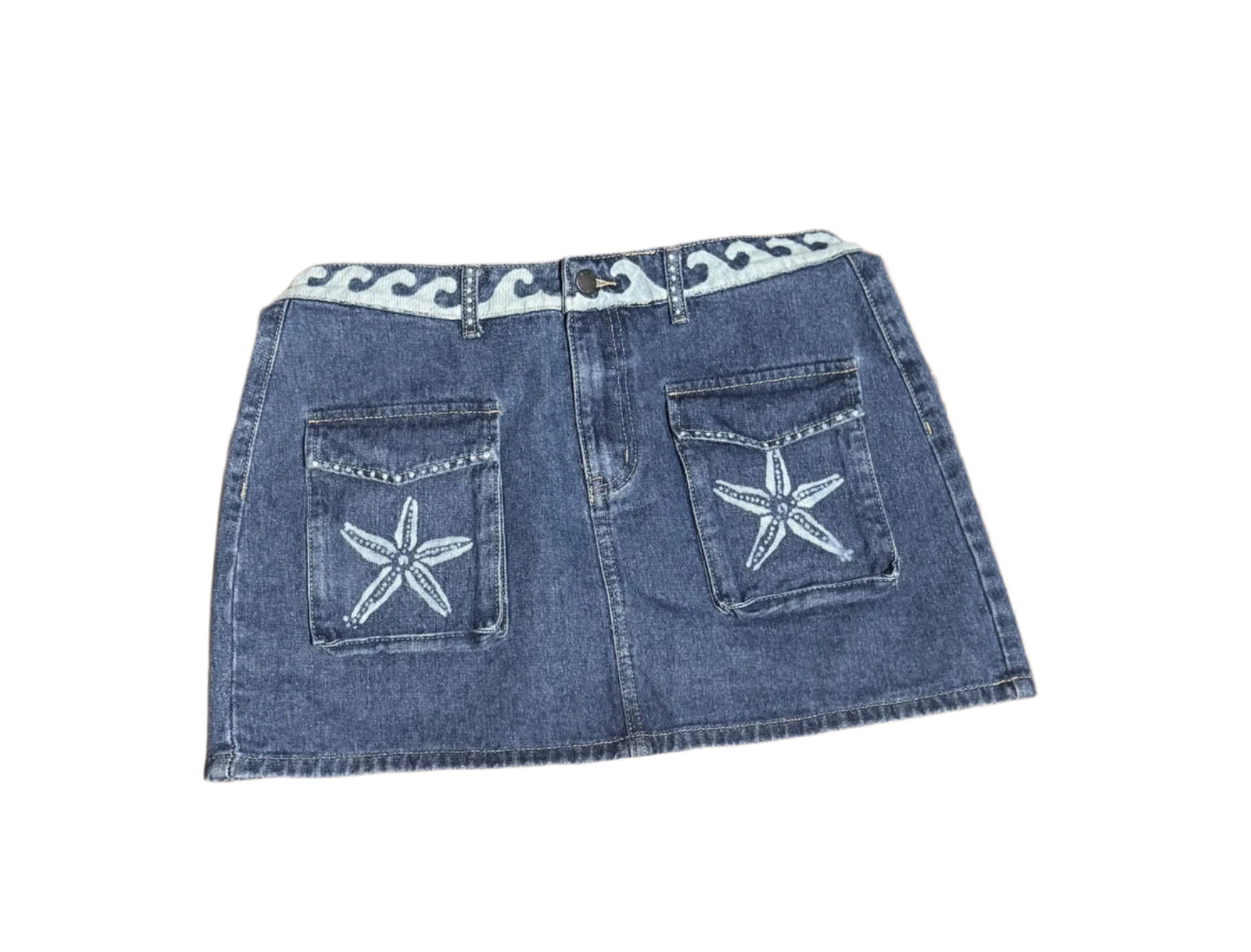 "Hand-bleached denim mini skirt with cargo pockets, starfish and wave design – size 10 one-of-a-kind"