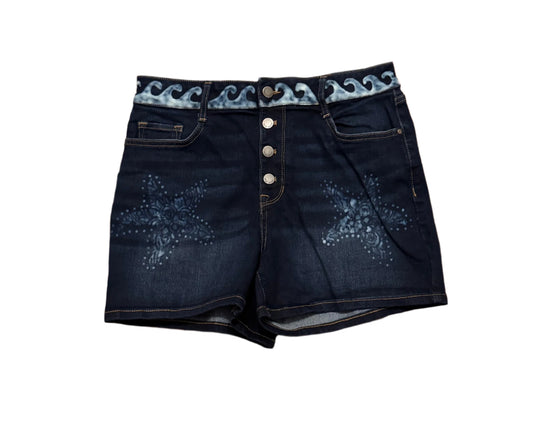 Dark blue Nine West shorts with hand-bleached light starfish on front and back pockets