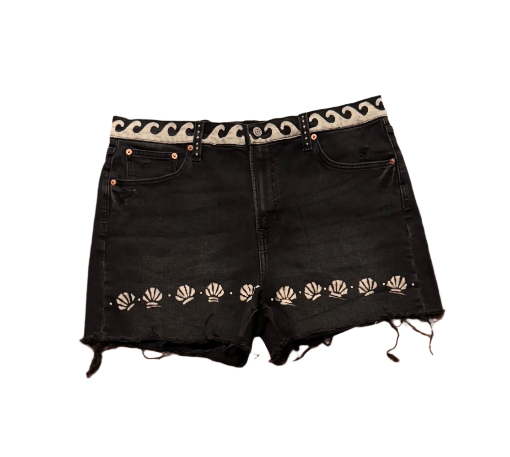 Black GAP hand-bleached 4-inch denim shorts with wave waist, mini shell at hemline, back waist wording “Sand, Relax, Sun and Repeat,” sun, shells and sandals on pockets