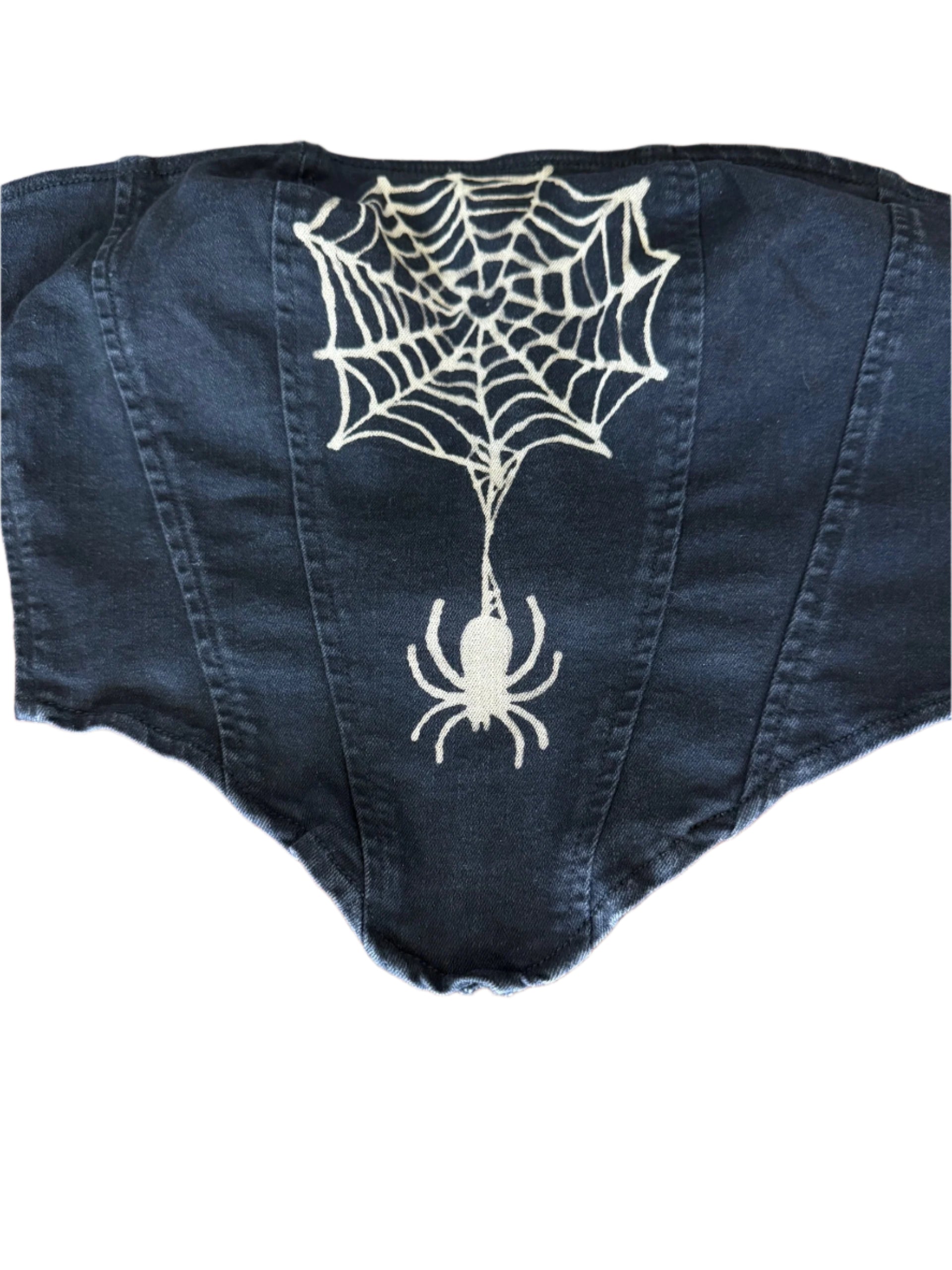 Black Widow hand-bleached stretch denim corset tube top with back zipper and silicone lining – one-of-a-kind streetwear style
