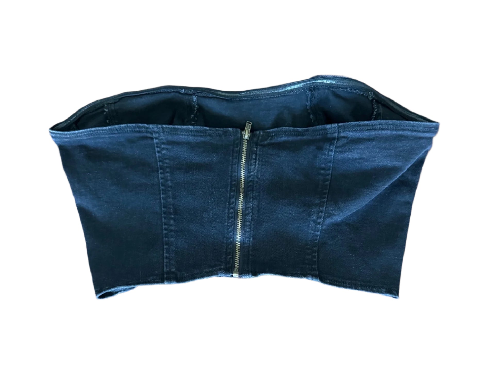 Black Widow hand-bleached stretch denim corset tube top with back zipper and silicone lining – one-of-a-kind streetwear style