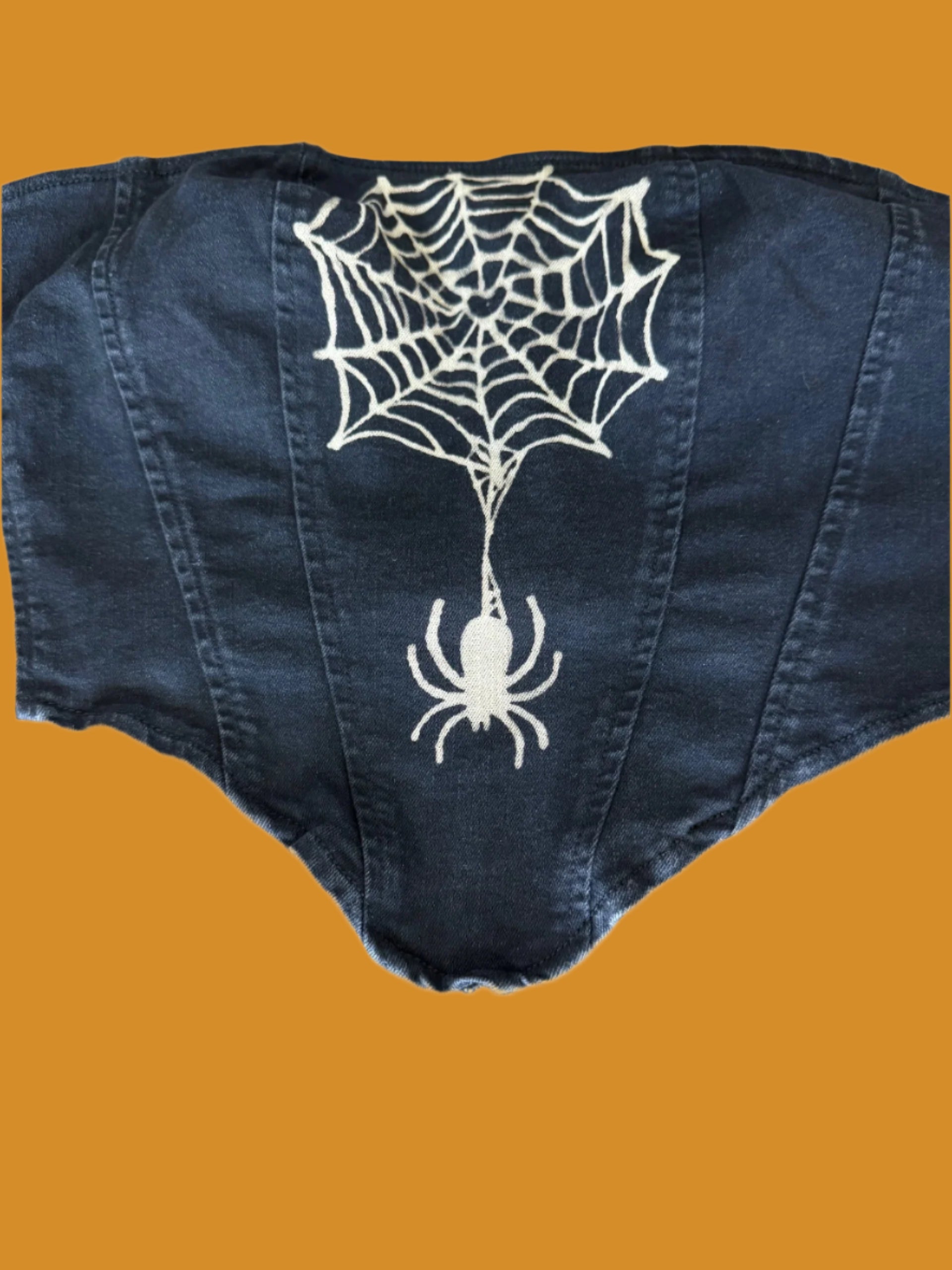 Black Widow hand-bleached stretch denim corset tube top with back zipper and silicone lining – one-of-a-kind streetwear style