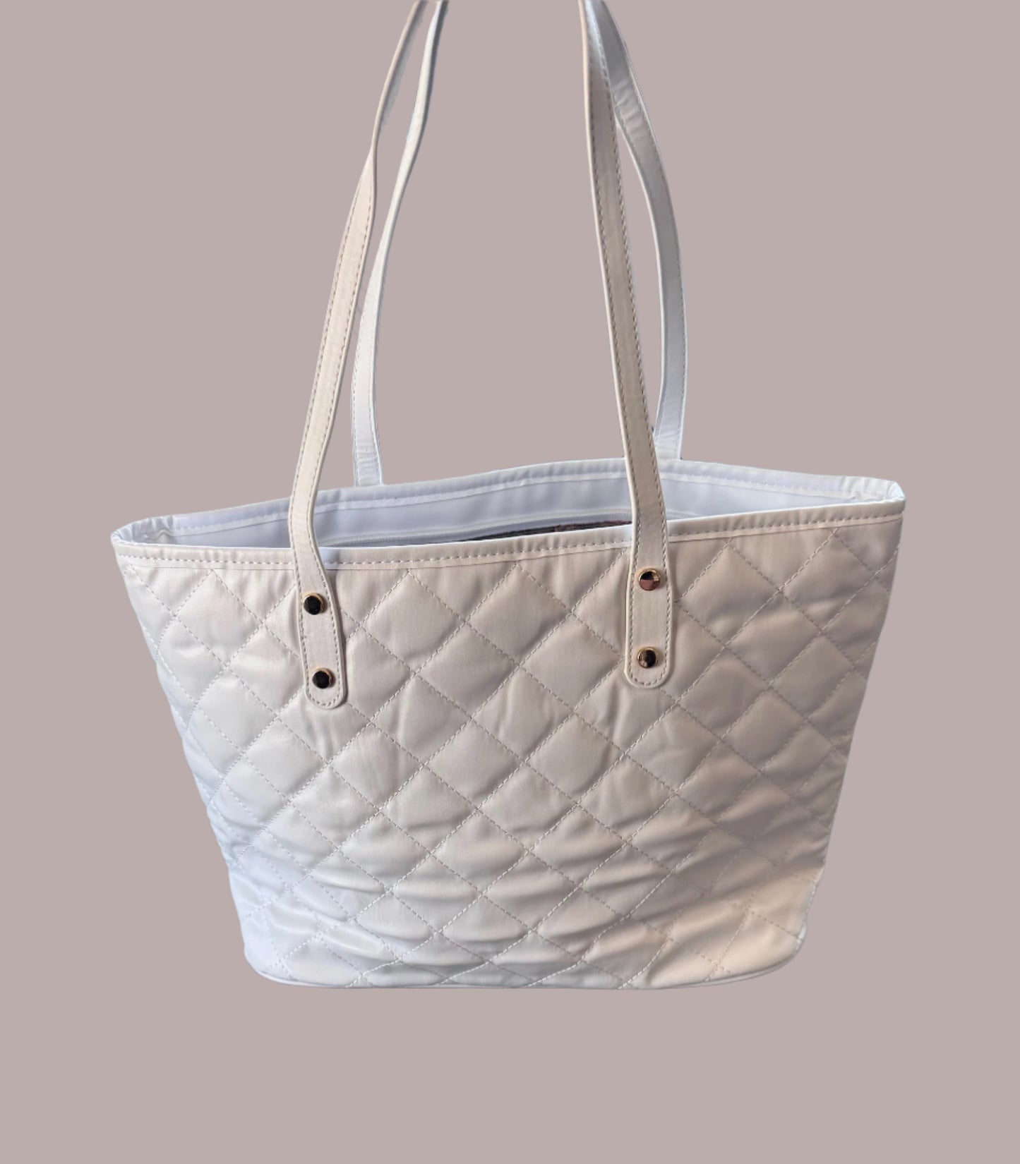 Lennox White Quilted Tote Bag by Montana West with Zipper and Vegan Leather Finish
