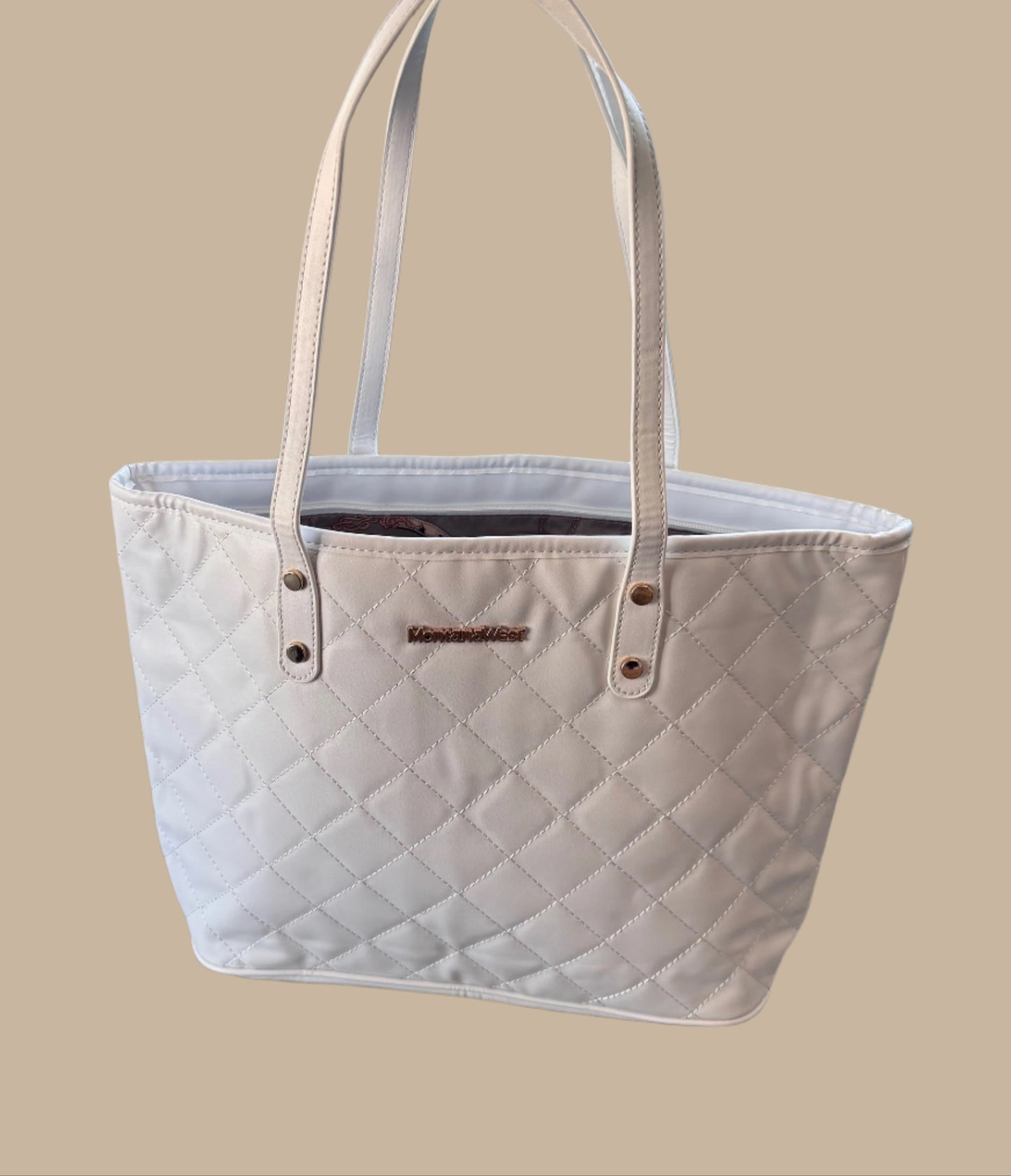Lennox White Quilted Tote Bag by Montana West with Zipper and Vegan Leather Finish