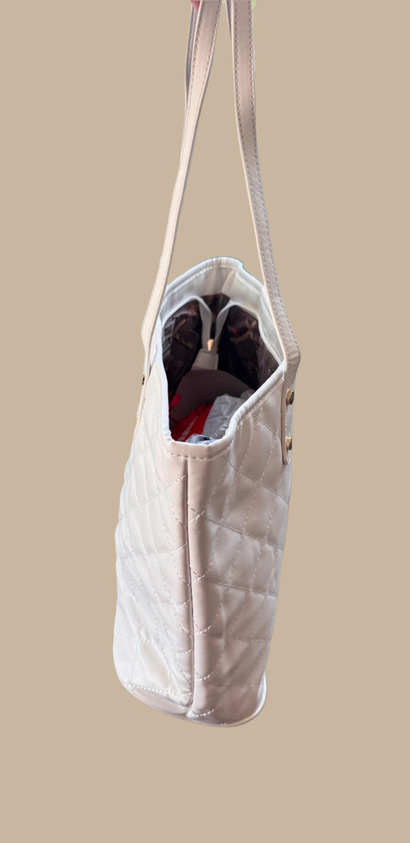 Lennox White Quilted Tote Bag by Montana West with Zipper and Vegan Leather Finish