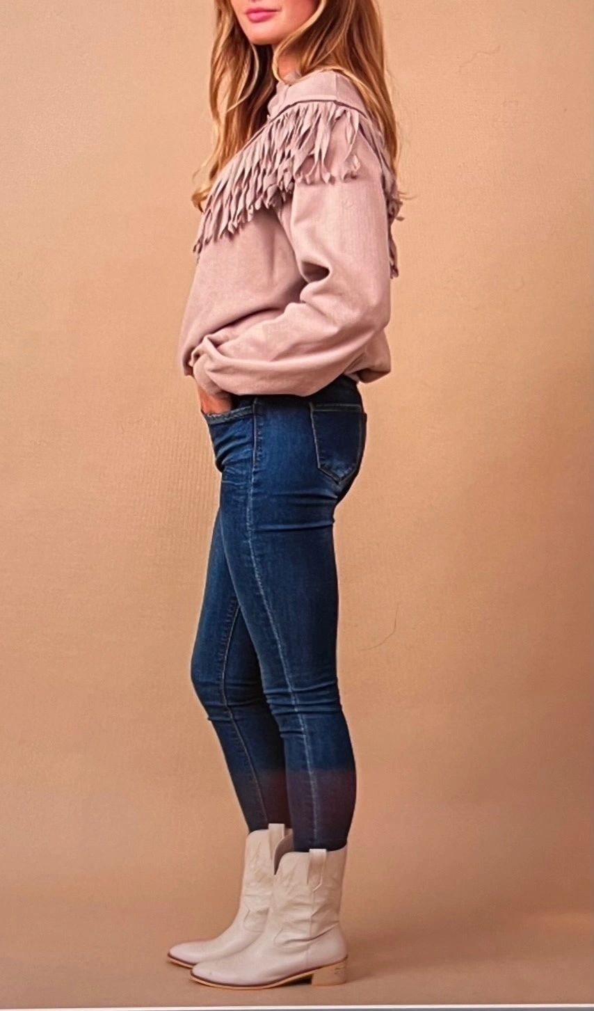 Western Crew Neck Fringed Cowgirl Sweatshirt - Mauve/Tan