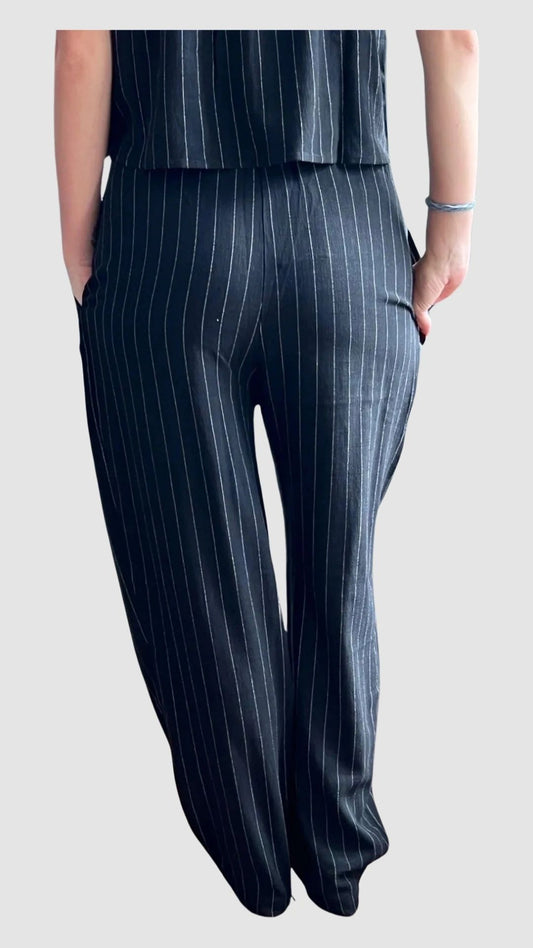 Soleil Stripe Linen Pant - Black