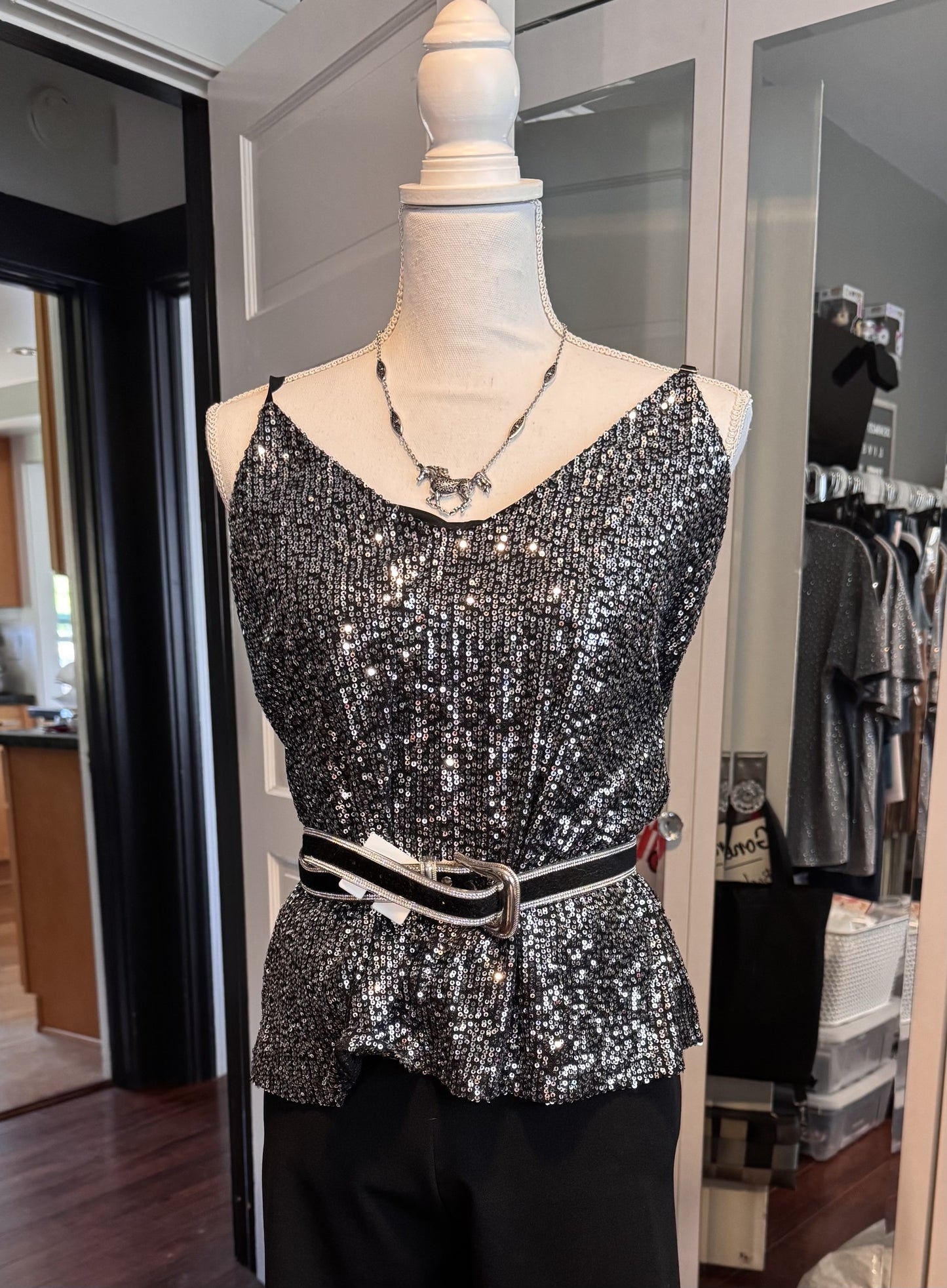 Betsy Black Adjustable Tank Top with Silver Sequins