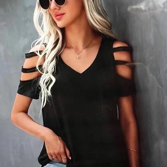 Short Sleeved Cold Shoulder with Cutouts ~ Black Top