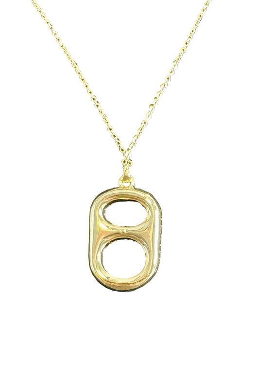 Close up blackout luxe pop tab pendant necklace gold and black rhinestones back reversible