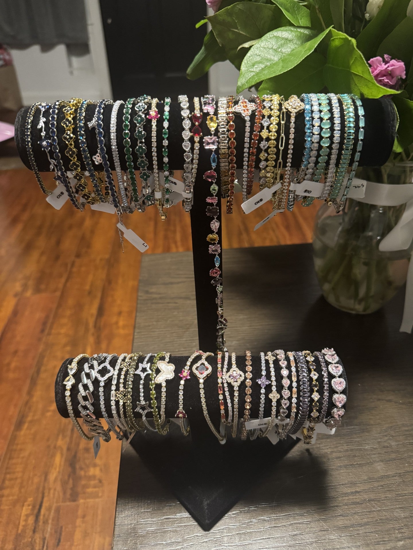 Assorted crystal bracelets in colorful rhinestone designs and metallic finishes.