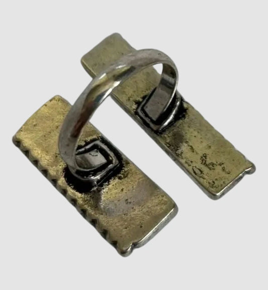Turquoise Two Rectangle Brass Silver Adjustable Ring