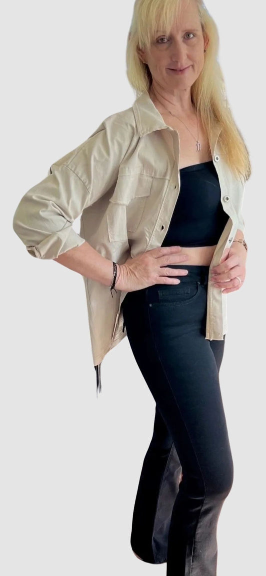 Rock & Roll Beige Long Sleeved Jacket ~ Slightly Oversized, Stretch Cuffed / Rolled with Collar & Button Front ~ ITOO