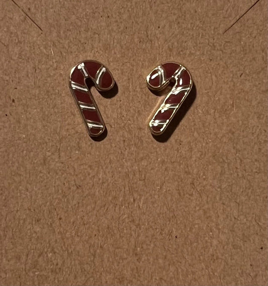 Red and White Candycane Earrings with Gold and White Painted Highlights