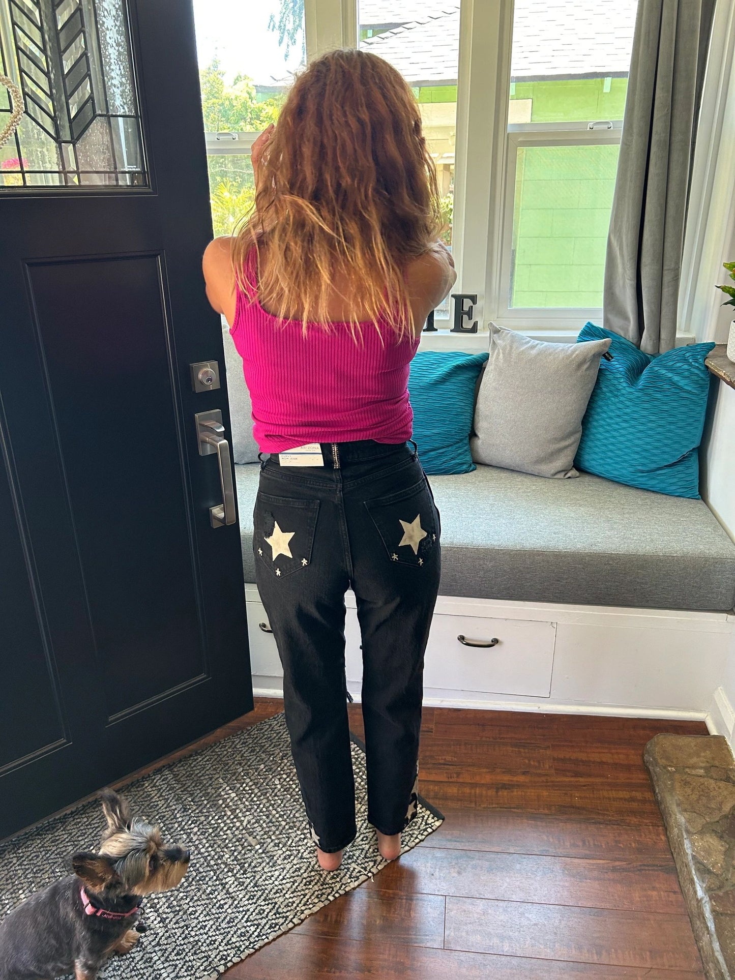 Arizona Hi Rise Curvy Mom Jean with Hand Bleached Star Design