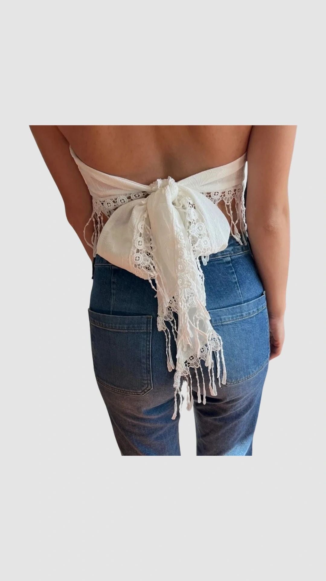 White Fringe Bandeau Tie Back Top