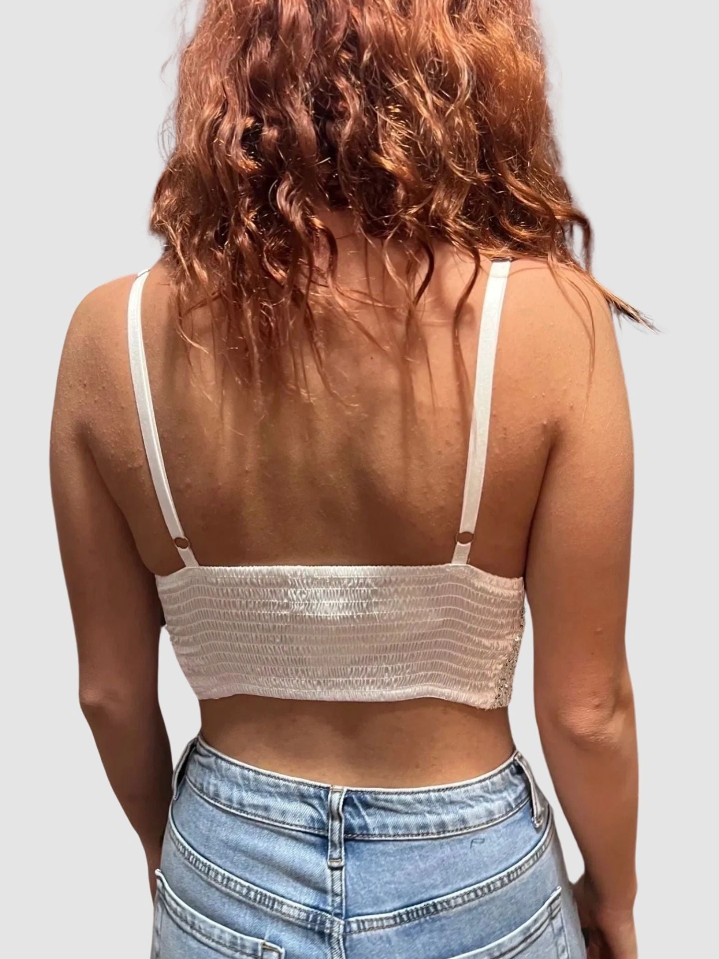 White Sequined Crop Tank Top with Adjustable Straps Elastic Back by I TOO