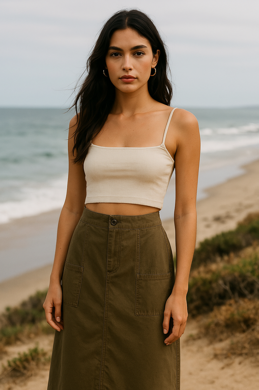 Olive Coast Cargo Maxi Skirt with Pockets and Back Slit