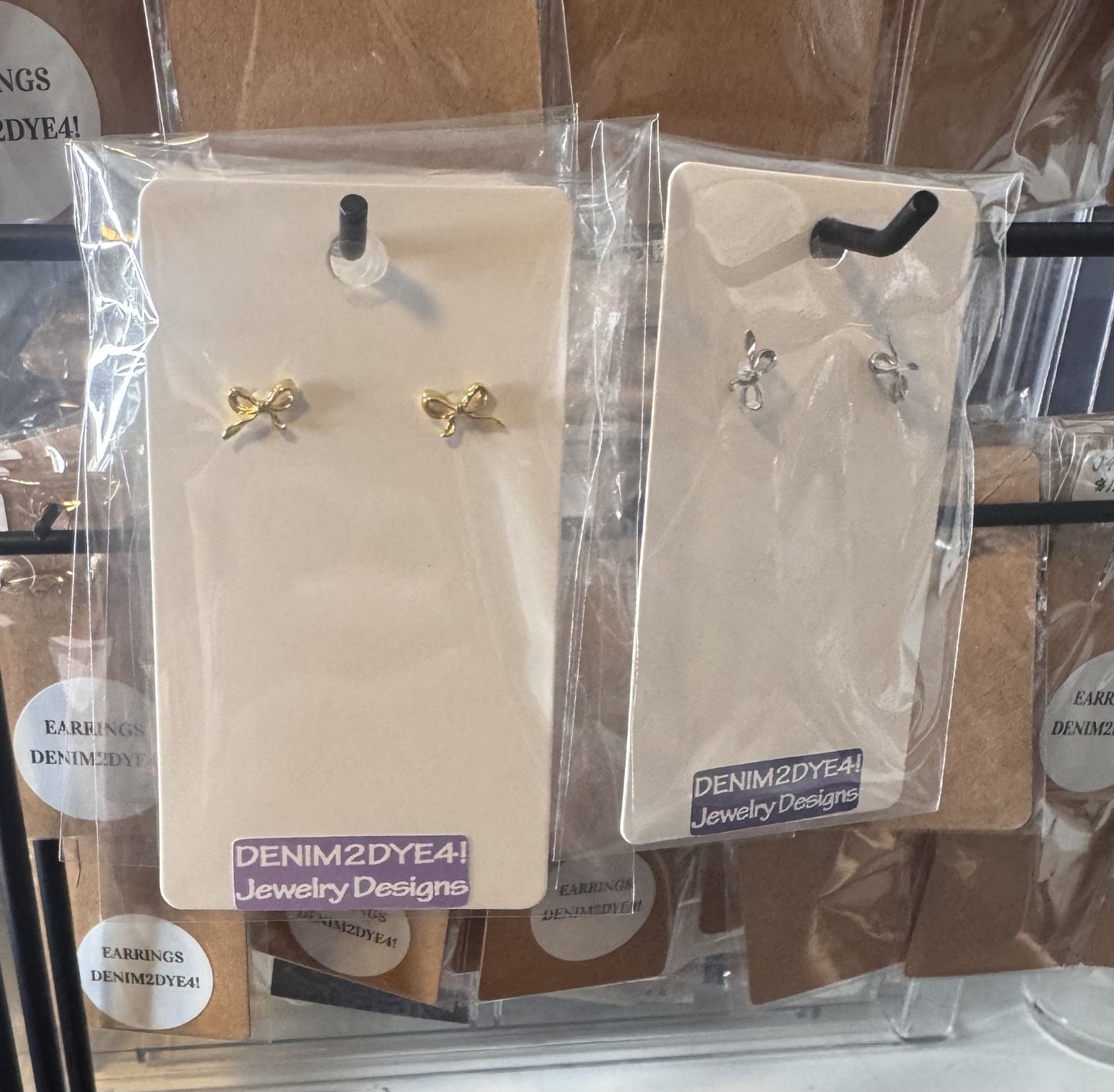 Dainty brass bow stud earrings in gold or silver with silicone backs – hypoallergenic, lightweight, and perfect for gifting