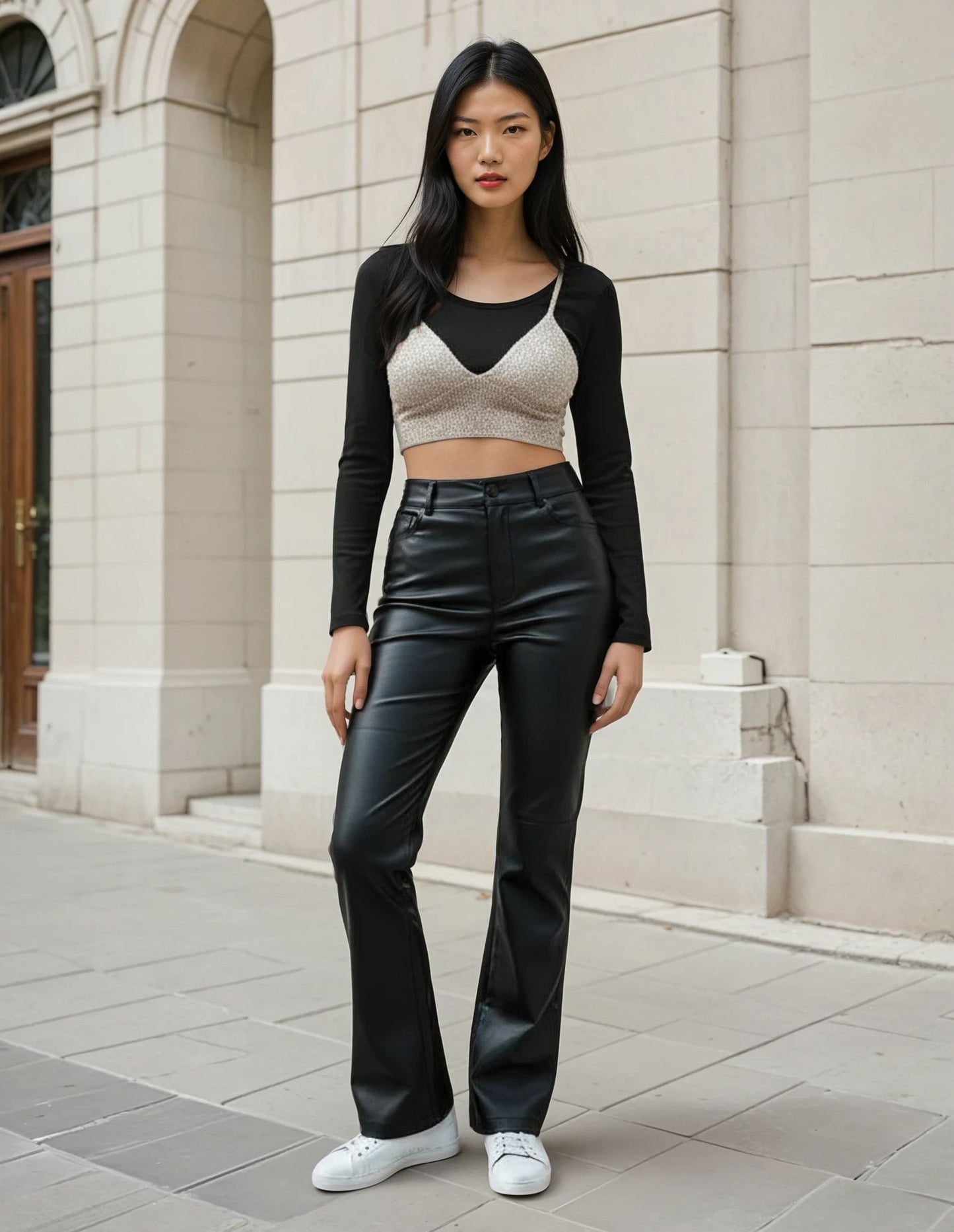 Faux Leather High Waisted Wide Leg Flare Trousers