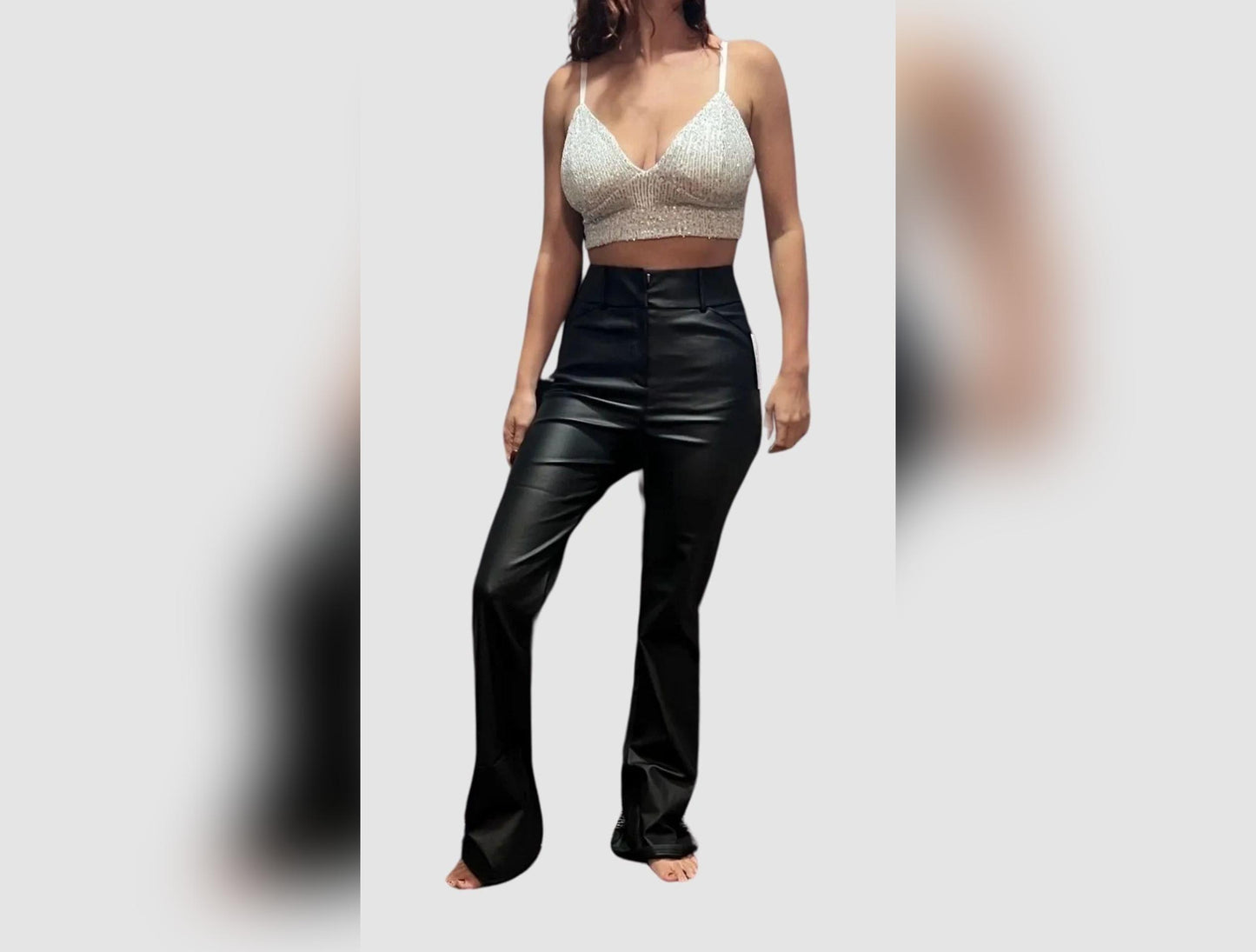Faux Leather High Waisted Wide Leg Flare Trousers