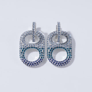 Coastal Wave Ombre Pop Tab Earrings .925 Silver Plated Brass, 3 Colored Blue Rhinestones poptab