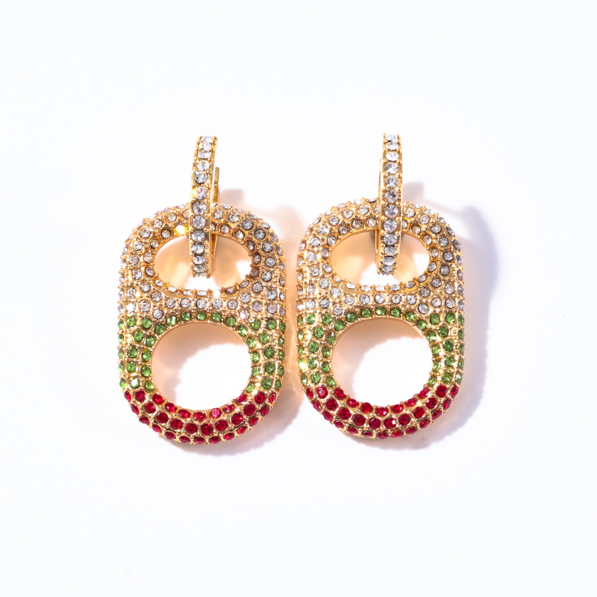 Mistletoe Magic Ombre Rhinestone Pop Tab Drop Earrings – 18K gold plated with red, clear, and green rhinestones, festive chic jewelry