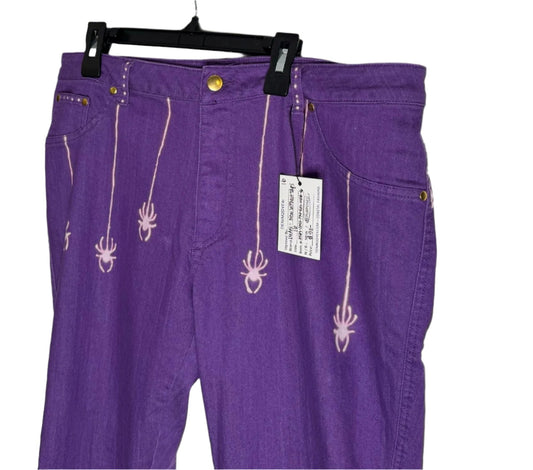 Spider and Web Spooky Halloween Hand Bleached Straight Leg Tapered Leg with Zipper and Gold Hardware Purple Iman Jeans Size 16  Womenswear Bottom Super Stretch