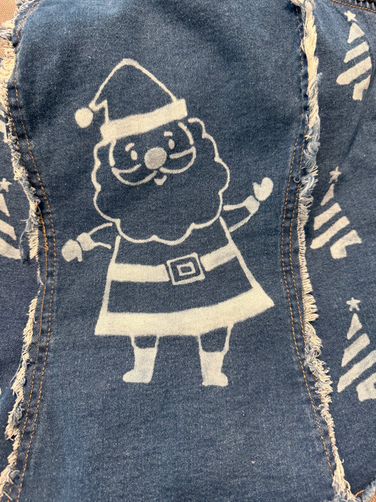 Santa Claus and Christmas Tree Denim Tube Top Hand Bleached Design Party for Women Zip Back Stretchy Comfortable Bustier Frayed Hem