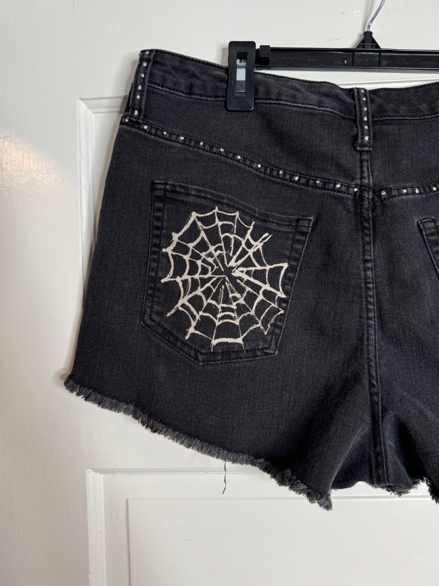Spider and Web Design Hand Bleached Raw Hem Mid Rise Shorts - "Wild Fable" Repurposed Size 14 with Raw Hem