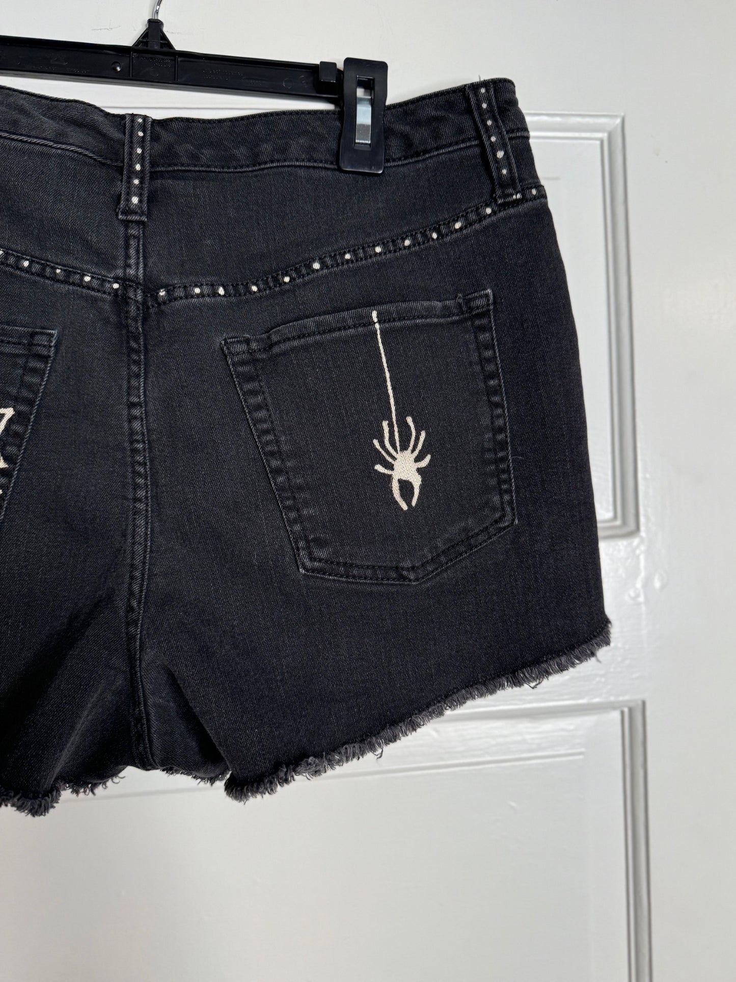 Spider and Web Design Hand Bleached Raw Hem Mid Rise Shorts - "Wild Fable" Repurposed Size 14 with Raw Hem