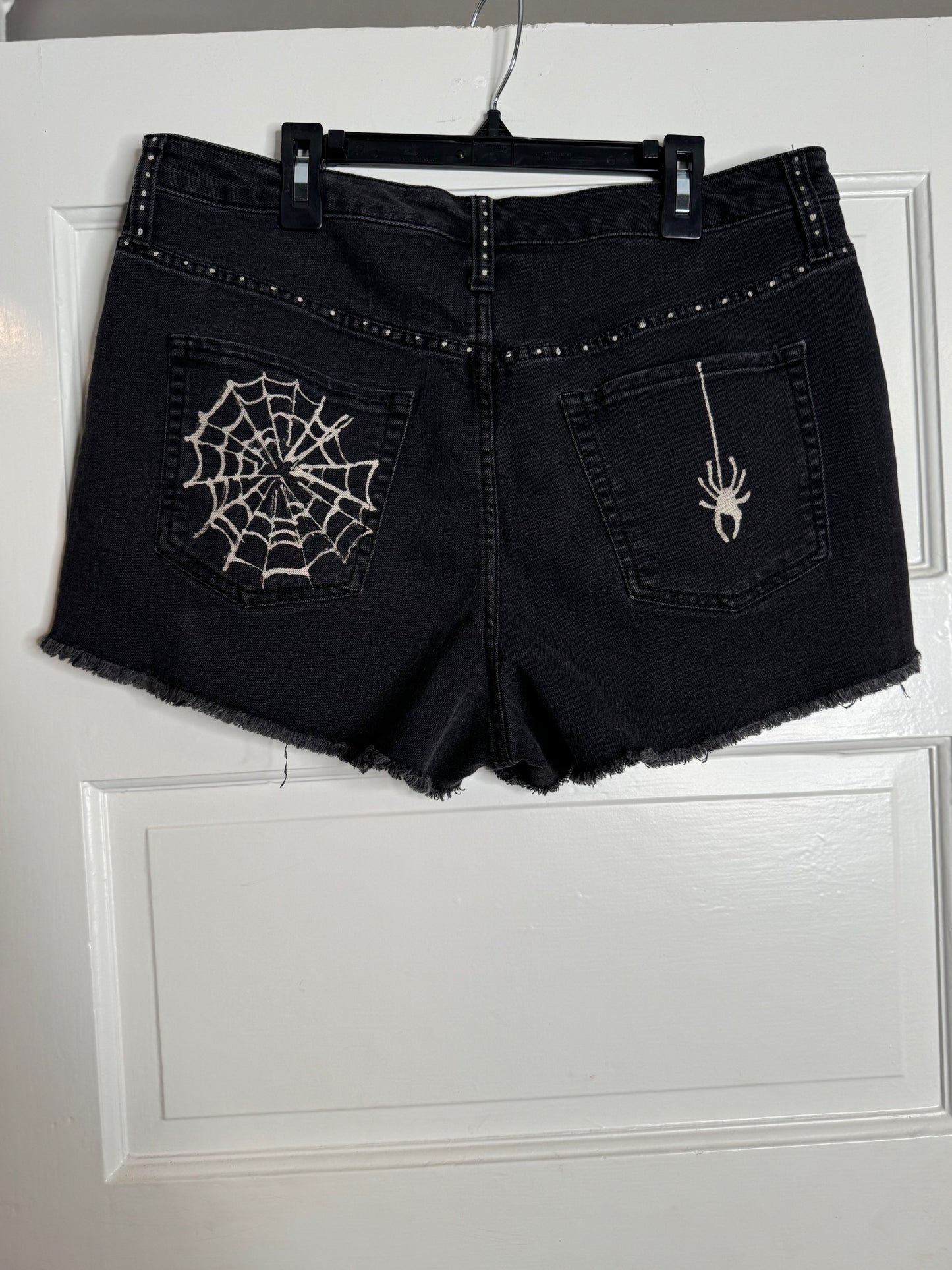 Spider and Web Design Hand Bleached Raw Hem Mid Rise Shorts - "Wild Fable" Repurposed Size 14 with Raw Hem