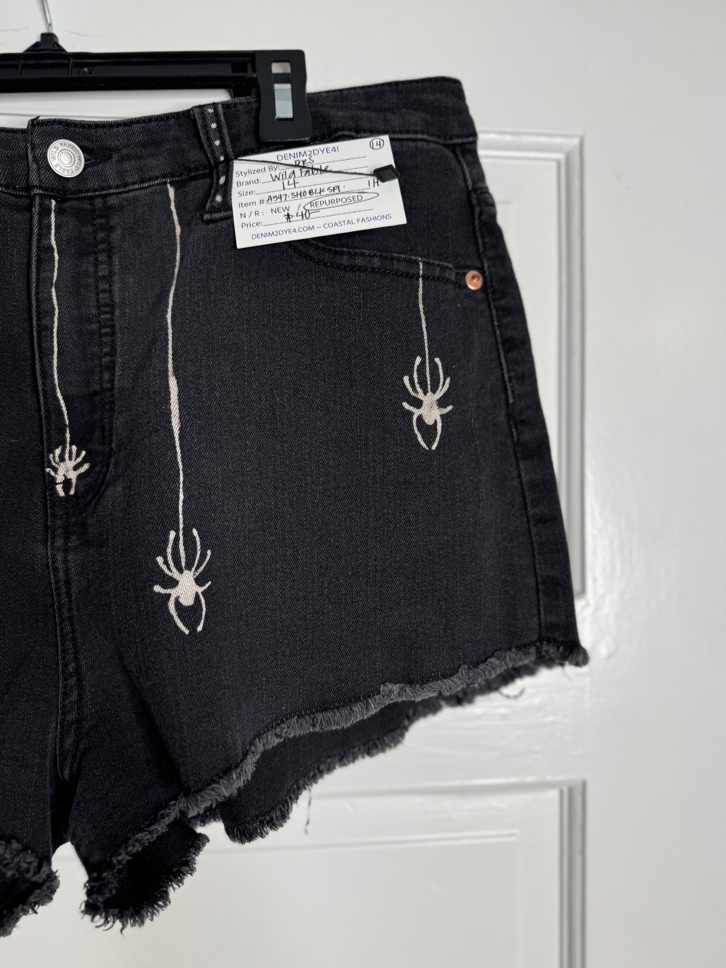 Spider and Web Design Hand Bleached Raw Hem Mid Rise Shorts - "Wild Fable" Repurposed Size 14 with Raw Hem