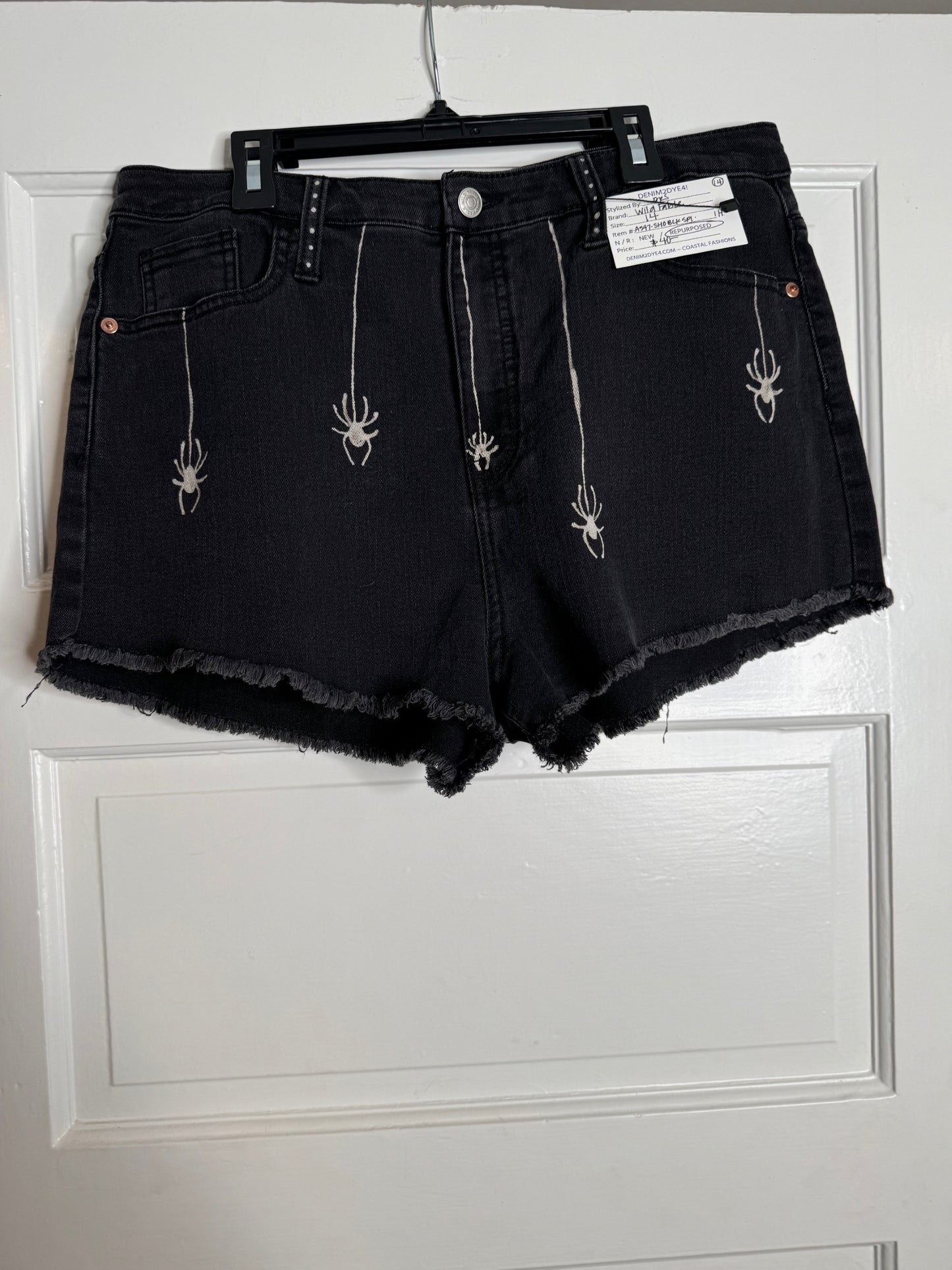 Spider and Web Design Hand Bleached Raw Hem Mid Rise Shorts - "Wild Fable" Repurposed Size 14 with Raw Hem