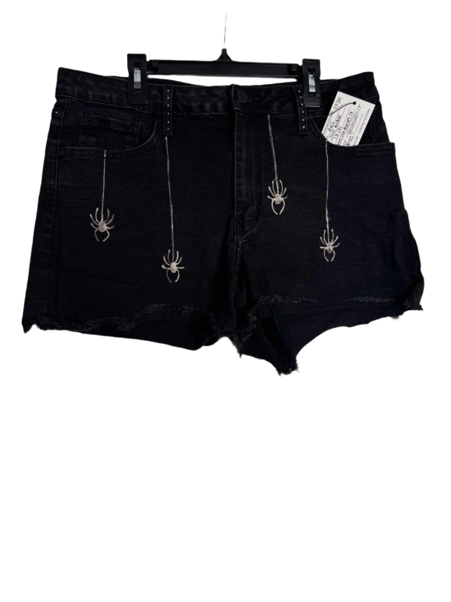 Spider and Web Design Hand Bleached Shorts - "Just Black" Repurposed Size 13 / 31 with Raw Hem