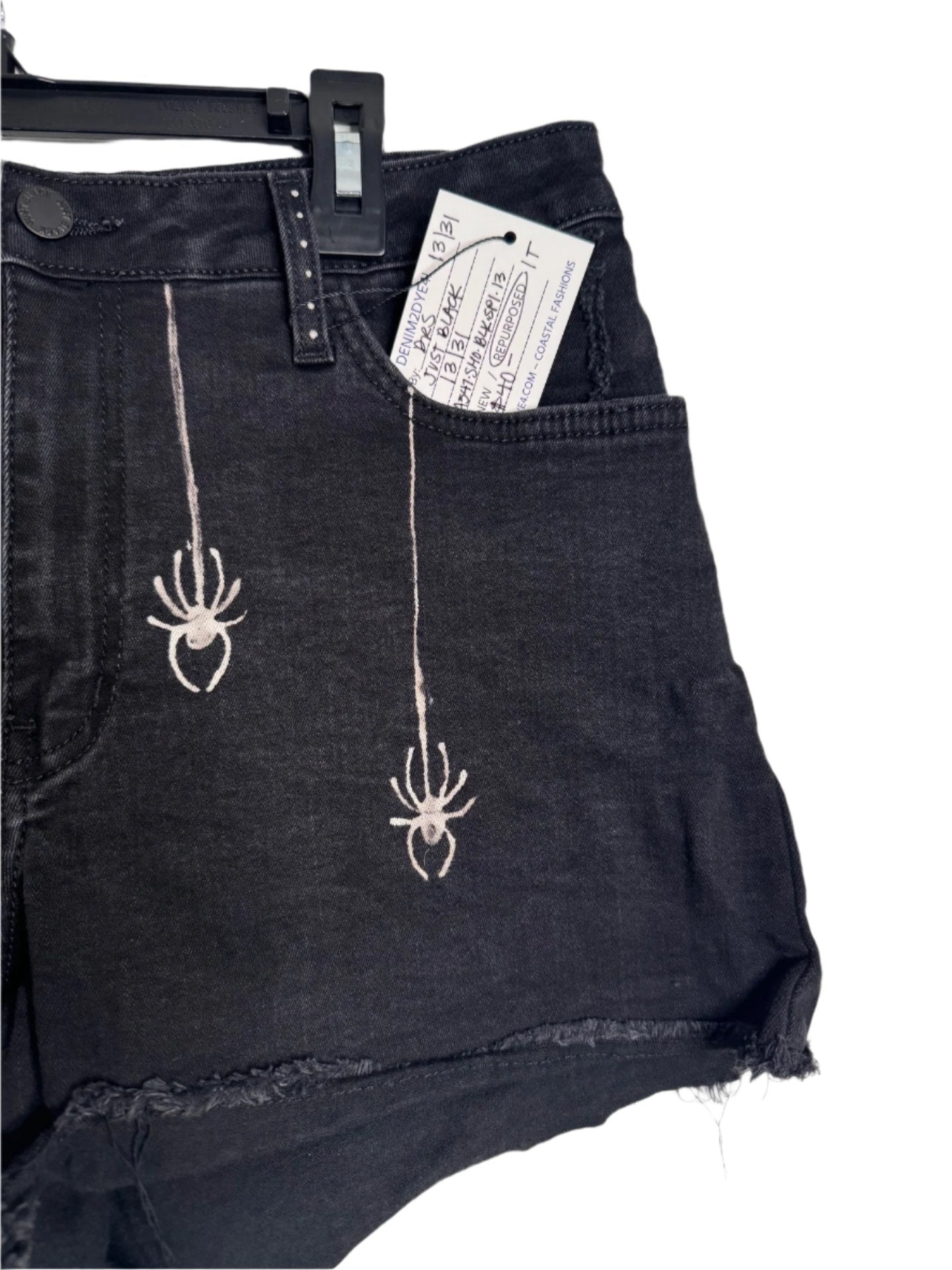 Spider and Web Design Hand Bleached Shorts - "Just Black" Repurposed Size 13 / 31 with Raw Hem