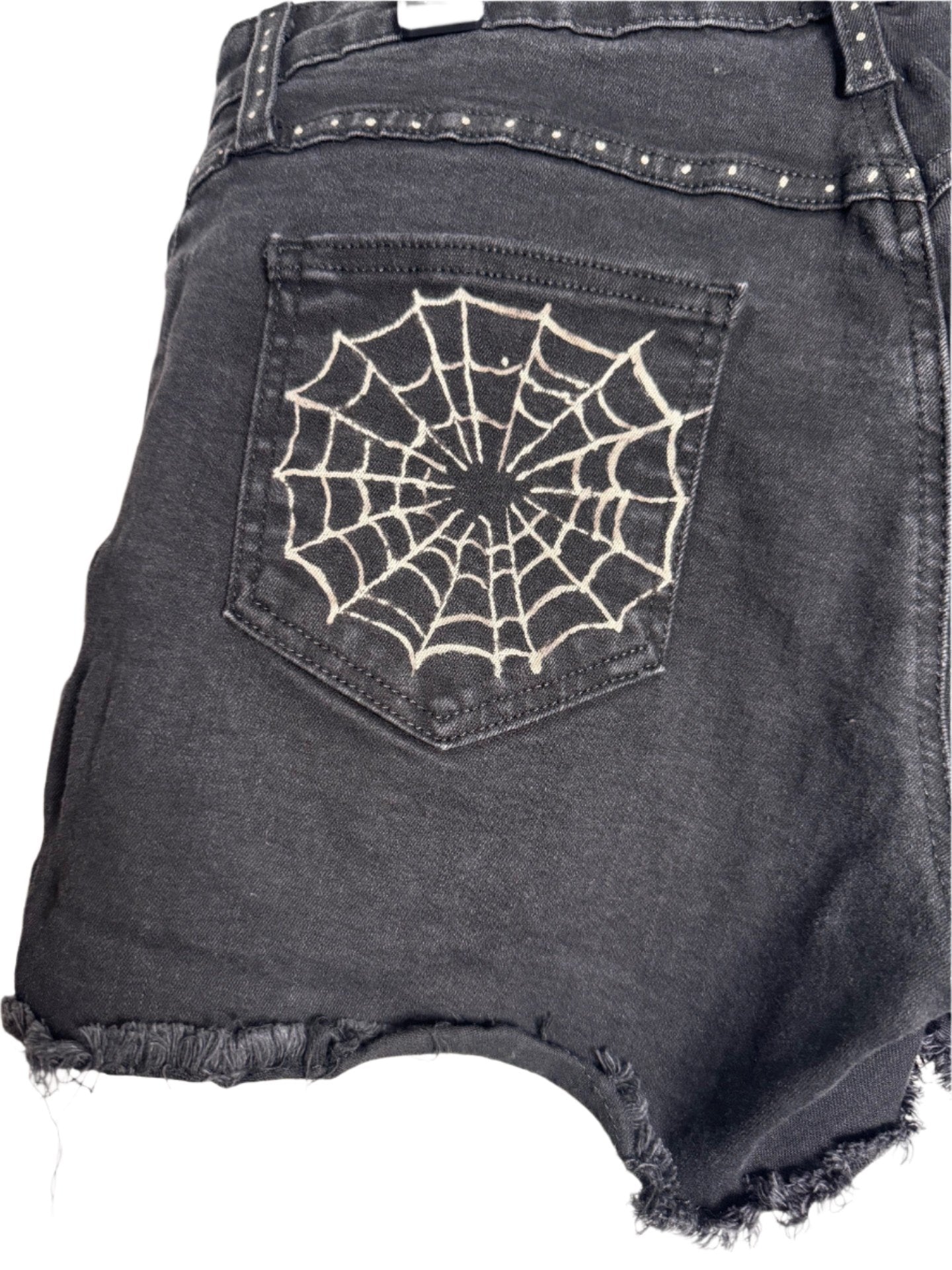 Spider and Web Design Hand Bleached Shorts - "Just Black" Repurposed Size 13 / 31 with Raw Hem