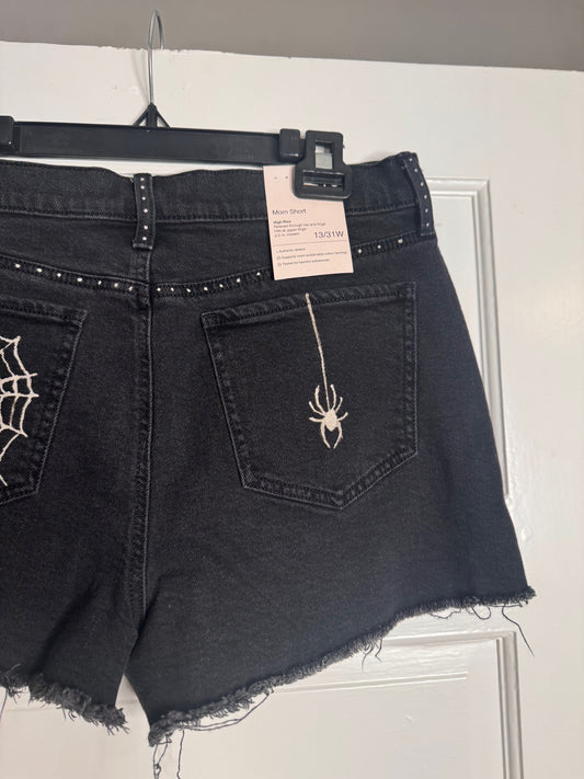 Spider and Web Spooky Halloween Hand Bleached Color Block Mom High Waisted Wide Leg Denim Shorts with Raw Hem Sizes 7, 11, 13, 17 and 22 Womenswear Bottom Bottom Wideleg Comfort