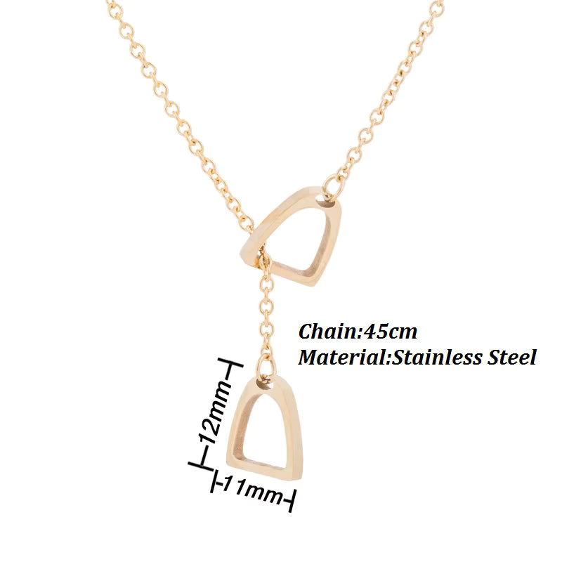 Equestrian Stirrups Link Chain Lariat Necklace in Silver and Gold – Stainless Steel, Waterproof, Coastal Chic Jewelry-gold