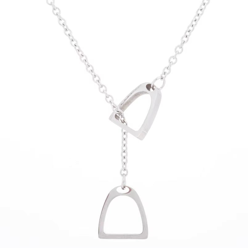 Equestrian Stirrups Link Chain Lariat Necklace in Silver and Gold – Stainless Steel, Waterproof, Coastal Chic Jewelry-SILVER