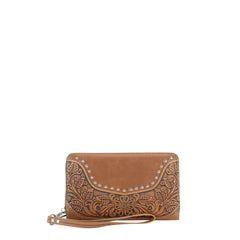 Solei Tooled Leather Wallet Wristlet in Coffee with stud and scallops Rhinestone Lacing and Removable Strap by Montana West