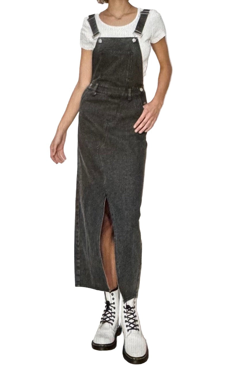 Winnie Skirtall Overall Black Acid Wash Denim Dress with Straight Adjustable Straps and Front Slit
