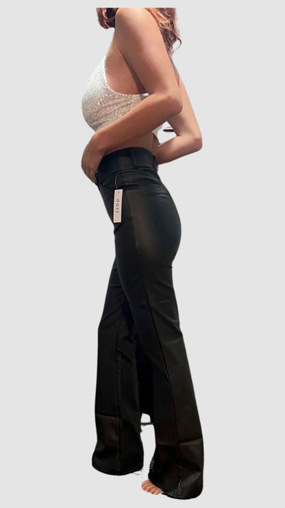 Faux Leather High Waisted Wide Leg Flare Trousers