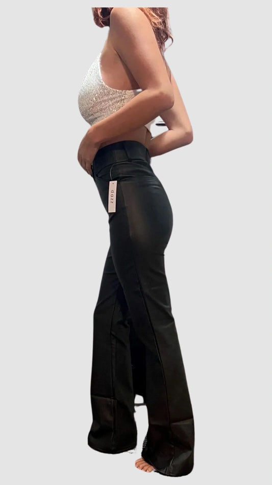 Faux Leather High Waisted Wide Leg Flare Trousers - Black