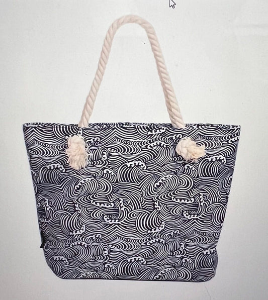 Ride the Wave Beachy Navy Canvas Tote with White Waves