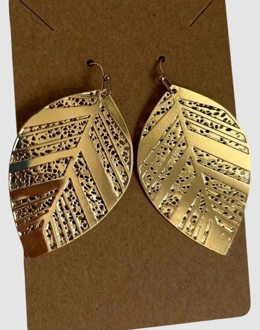 DROP GOLD LEAF METAL BANGLE EARRINGS - BRASS